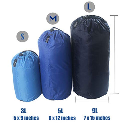 Frelaxy Stuff Sack Set 3-Pack (3L&5L&9L), Ultralight Ditty Bags with Dust Flap for Traveling Hiking Backpacking - color: Sky Blue&Blue&Navy