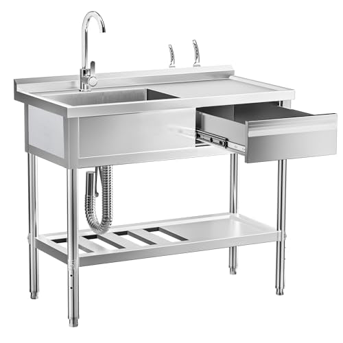 39" 304 Stainless Steel Utility Sink with Faucet – Free Standing Single Bowl Kitchen Sink with Workbench & Drawer Storage, Hot/Cold Water Pipes for Laundry, Farmhouse & Outdoor Use - color: 39" Right-Drawer Sink