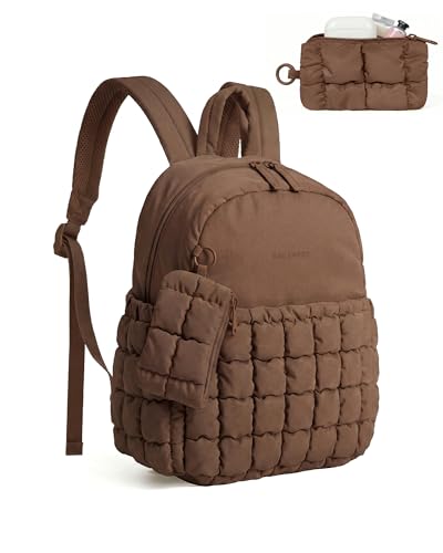 BAGSMART Mini Backpacks for Women, Puffy Checkered Quilted Small Backpack with Pouch, Lightweight Daypack Purse, Water-Resistant Bookbag for Daily Travel College, 2-in-1 Set, Coffee Brown - color: Coffee Brown