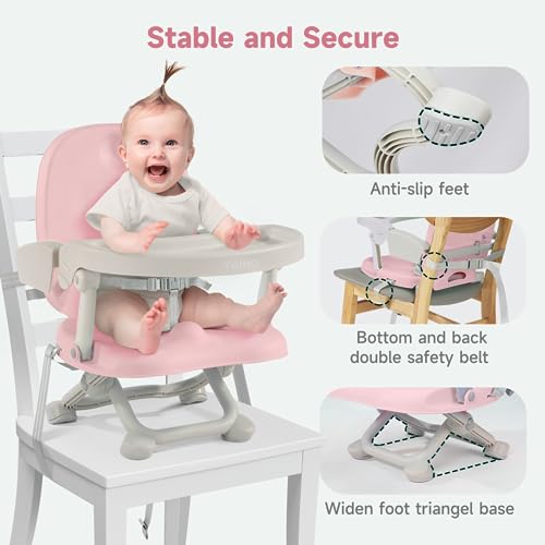 YOLEO Baby High Chair Booster Seat for Dining Table, Foldable High Chairs with Adjustable Heights, Travel Booster Seat with Removable Tray - color: Pink, size: No Cushion