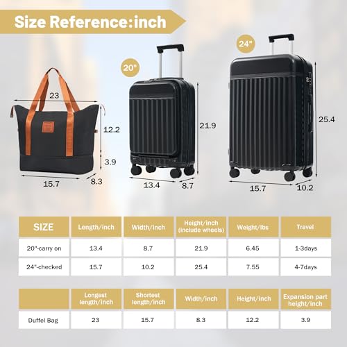 Merax Luggage Sets Front Opening, 2 Piece Hardshell Suitcase with Spinner Wheels and Bags,Lightweight Carry on Luggage with USB Port,20+24,Black - color: Black, size: 2 Piece(20+24+Bag）