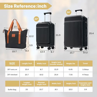 Merax Luggage Sets Front Opening, 2 Piece Hardshell Suitcase with Spinner Wheels and Bags,Lightweight Carry on Luggage with USB Port,20+24,Black - color: Black, size: 2 Piece(20+24+Bag）