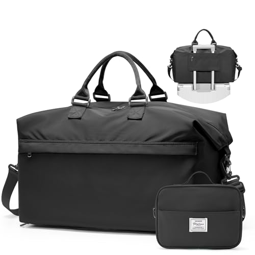 Travel Duffel Bag,Carry-On Overnight Weekender Bags for Women,Personal Item Travel Bag with Shoes Compartment,Sports Gym Bag - color: Black with Toiletry Bag