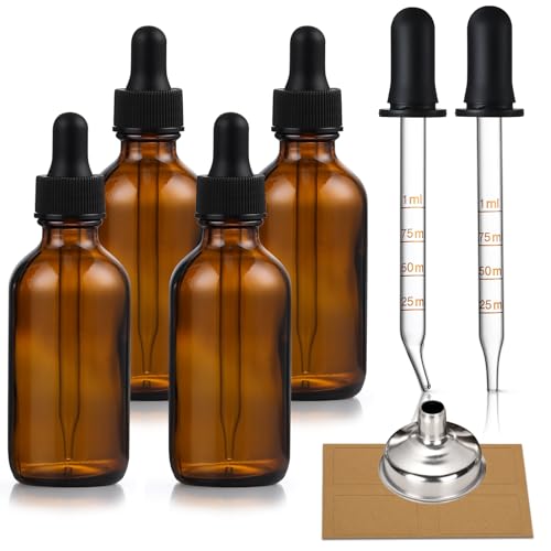 4 Pack, 1 oz Amber Glass Dropper Bottles Plus 2pcs Graduated Calibrated Glass Pipettes (1ml)- 30ml Dark Brown Tincture Bottles with Eye Droppers for Essential Oils, Liquids - Leakproof Travel Bottle - style: Plus 2 Graduated Pipettes