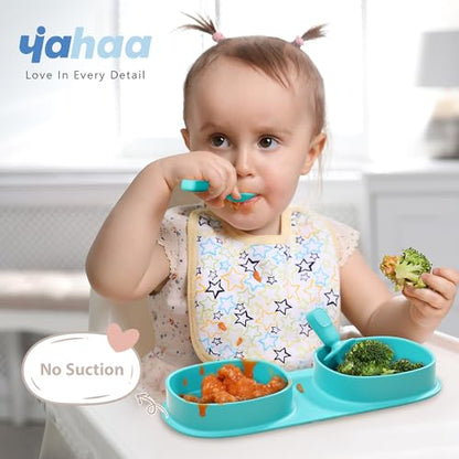 Silicone Foldable Novelty Dinner Plates, Baby Plates Travel Essential with Forks and Spoons, Microwave & Dishwasher Safe, Aqua - color: Aqua, style: No-Suction