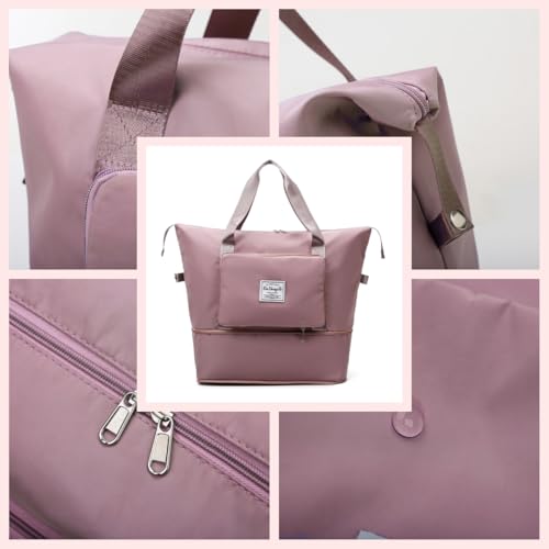 Large Capacity Foldable Travel Bag, Expandable lightweight Carry on Bag, Dry with Wet Separation Spor Duffel Bags (Pink) - color: Pink