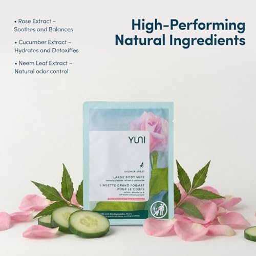 YUNI Beauty Large Body Wipes (Rose Cucumber, 12 Count) Soft Moist Showerless Wipe, Cleanse & Deodorize Waterless Travel Body Cleanser, Biodegradable Individually Wrapped Body Wipe for Camping or Gym - size: 12 Count (Pack of 1)