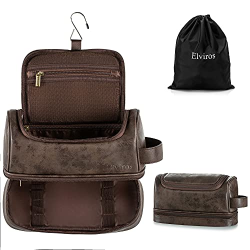 Elviros Toiletry Bag for Mens PU Leather Travel Organizer Kit with Hanging hook, Large Water-resistant Toiletries Bathroom Shaving Bags (Extra Large, Coffee) - color: Coffee, size: Extra Large (Pack of 1)