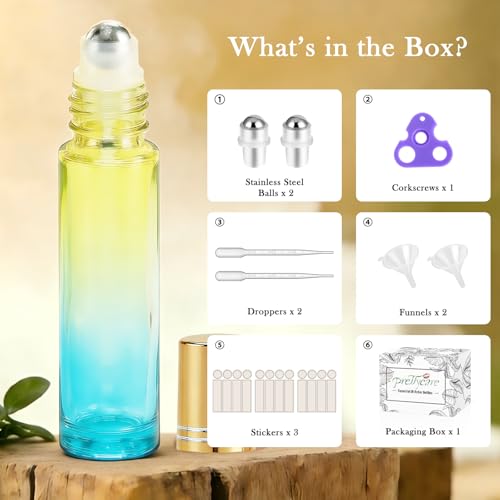 PrettyCare 12 Pack, 10 ml Essential Oil Roller Bottles with Stainless Steel Roller Ball - Refillable Leak-proof Empty Thick Blue& Yellow Glass Roll on Bottles with Golden Caps for Travel, Perfume - color: Gradient Blue-Green, size: 12 Pack