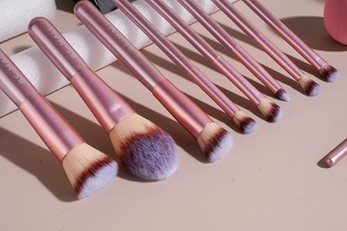 BS-MALL 14 Pcs Makeup Brushes Set with 1 Pcs Makeup Sponge – Essential Foundation Powder Concealers, Eye Shadows, Blush Makeup Brushes with Travel Makeup Case (Matte Gold Pink) - color: Matte Gold Pink