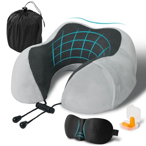 Travel Pillow, Memory Foam Neck Pillow for Traveling, U Shape Neck Pillow Airplane Portable Flight Pillow Travel Kit with 5D Contoured Eye Masks and Earplug for Plane Train Car Home Office - color: Grey
