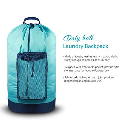 Dalykate Laundry Backpack with Shoulder Straps and Mesh Pocket Durable Nylon Clothes Hamper Bag with Drawstring Closure for College, Travel, Laundromat, Apartment - color: Blue