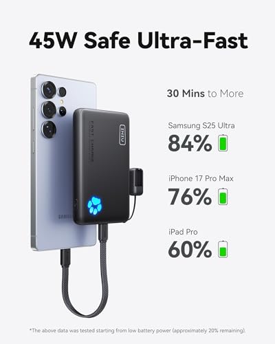 INIU 45W Fast Charging Portable Charger, 40% Smaller 10000mAh with Detachable Cable, Flight-Safe Travel Power Bank, USB C External Phone Battery Pack for iPhone 17 16 Pro iPad Samsung S26 Google etc - color: Black