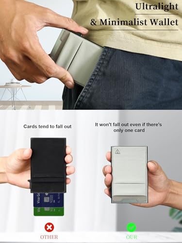 TOYFID Slim Wallet for Men - Pop Up Card Holder Wallet,Minimalist Business Wallet,Credit Card Wallet with Money Pocket,Metal Card Case Wallet,RFID Blocking,Can Hold 6 Credit Cards - color: grey B