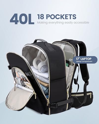 LOVEVOOK 40L Travel Backpack with Waist Strap,Flight Approved Carry on Backpack,Waterproof Personal Item Travel Bag,TSA Carry on Luggage Suitcase Travel Essentials,Gifts for Women & Men,fit 17" Laptop - color: Black-grey, size: Large-40L-4Pcs(Waist Strap)