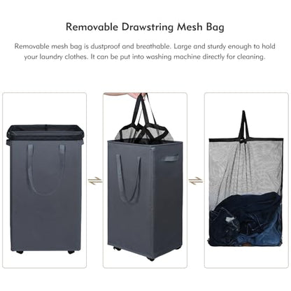DOKEHOM 90L X-Large Laundry Basket with Removable Wash Bag on Wheels, Collapsible Rolling Laundry Hamper, Foldable Clothes Organizer, Folding Washing Bin (Grey) - color: Grey, size: X-Large Pro 29"