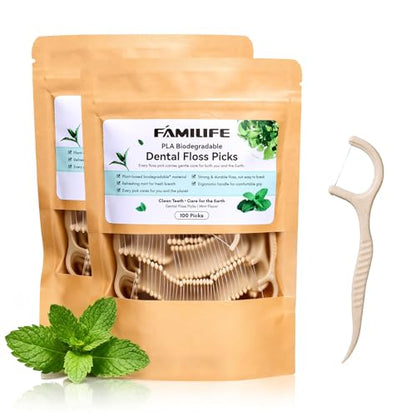 FAMILIFE Eco-Friendly Floss Picks (200Pcs) - Plant Based Dental Floss Picks with Strong Toughness, Natural Tooth Picks Flossers for Adults Daily Oral Cleaning & Gentle Gum Care, Mint Flavor - color: Beige 200 Pcs