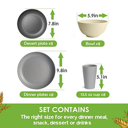 Teivio 32-Piece Kitchen Plastic Wheat Straw Dinnerware Set, Service for 8, Dinner Plates, Dessert Plate, Cereal Bowls, Cups, Unbreakable Colorful Plastic Outdoor Camping Dishes, Gray Stone - color: Gray Stone