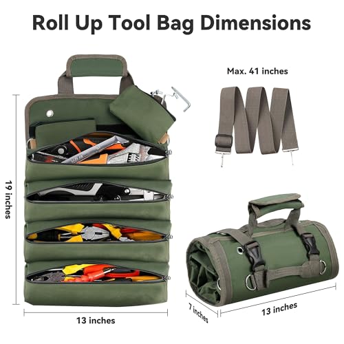 Roll Up Tool Bag, Heavy Duty Roll Up Tool Bag Organizer, Motorcycle Tool Roll Bag Organizer, Foldable Portable Tool Bags, Men's Gift Suitable for Mechanics Welding Electricians (Green)
