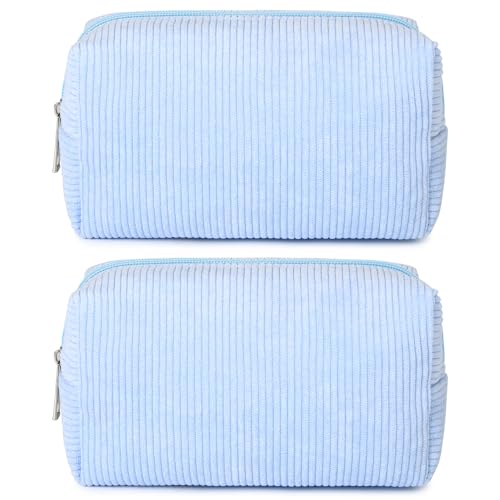 SOIDRAM 2 Pack Corduroy Makeup Bag for Women, Blue Makeup Pouch Small Cosmetic Bag Travel Toiletry Organizer for Skincare, Brushes & Essentials - color: Corduroy Blue, size: 2 Pack