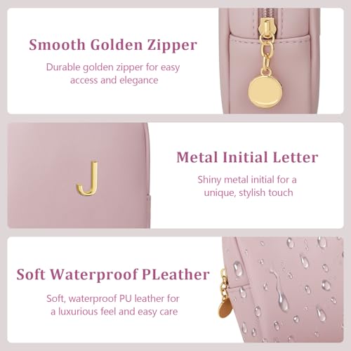 Personalized Birthday Gifts for Women - Initial Makeup Bag Set Travel Toiletry Bag Cosmetic Bags Soft Waterproof PU Leather Makeup Pouch Travel Essentials (J, 1pc Pink) - size: 1pc Pink, style: J