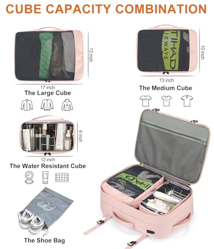 Lumesner Carry on Travel Backpacks, Extra Large 40L Flight Approved Bag for Men & Women,Expandable Suitcase Backpack With 4 Packing Cubes,Water Resistant Luggage Daypack Business Weekender Bag, Pink - color: Pink