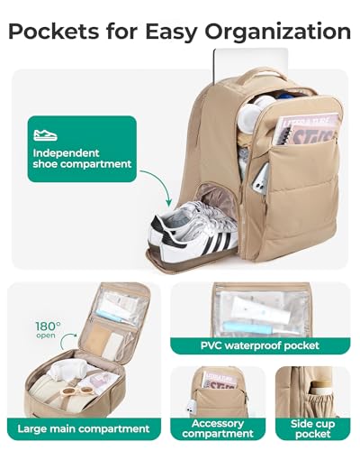BAGSMART 30L Travel Backpack for Women, Carry on Backpack for Airplanes, Gym Backpack with Shoe Compartment, Lightweight Travel Bag Fits 15.6 Inch, Water-Resistant, Beige - color: Beige