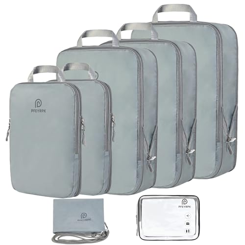 PFEYRPK Lightweight Compression Packing Cubes for Suitcases, Compressible Expandable Travel Packing Organizer with Clear Toiletries and Backpack Bag, Travel Essentials for Carry on Luggage 7 Set - color: Gray, size: 7 Set