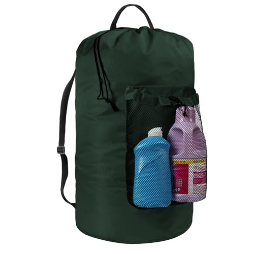 Laundry Bag with Shoulder Straps and Mesh Pocket Laundry Backpack Large Portable Laundry Hamper for College Laundromat Apartment (Green) - color: Green