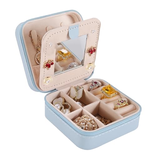 KElofoN Travel jewelry case Travel jewelry box Travel Jewelry Organizer Small Jewelry Organizer Box Gift for Girls Women with Mirror(Sky blue) - color: Sky blue