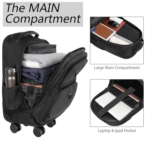 MATEIN Rolling Backpack with 4 Wheels, 17 inch Water Resisatnt Roller Spinner Backpack for Men, Large Busines Travel Wheeled Bag, Airline Approved Carry on Luggage Suitcase Bag, Black - color: Black, size: 17 inch