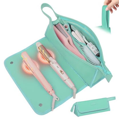 JKAOO Hair Tools Travel Bag and Heat Resistant Mat, 2 in 1 Portable Organizer Hair Travel Case for Curling Iron, Hair Straightener, Flat Irons, PU Hangable Handle, Neoprene (Blue-Green) - color: Blue-green