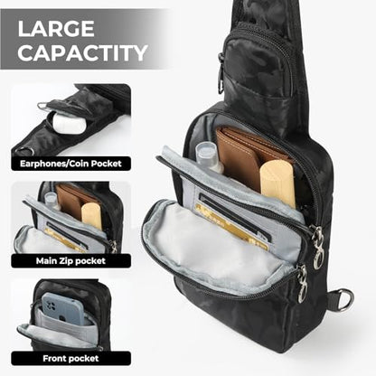 BROADREAM Sling Bag, Crossbody Bag with Anti-Theft Lock Zipper, RFID Blocking & Water Resistant for Travel Work Sport - color: Camouflage Black