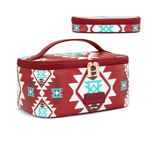 Montana West X Wrangler Travel Makeup Bag 2pcs Set Large Cosmetic Bag with Makeup Brush Holder Portable Make Up Organizer Cute Toiletry Bag with Divider and Handle for Women Aztec - color: Aztec-Red