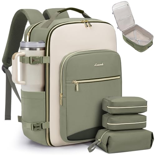 LOVEVOOK 50L Travel Backpack for Women & Men, Airline Approved Carry On Luggage with 3 Packing Cubes, TSA Overnight Bags, Waterproof Personal Item Bag, Weekender Essentials Backpacks fits 17" Laptop - color: Light Green-beige-olive Green, size: X-Large