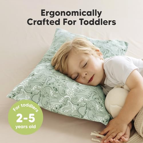 KeaBabies Organic Toddler Pillow with Pillowcase, Jumbo 14X20 - Soft Cotton Toddler Pillows for Sleeping - Machine Washable - Perfect for Travel, Toddler Bed Set (DinoDood) - color: Dinodood
