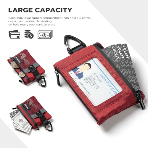 VULKIT Small Minimalist Wallet for Women and Men RFID Blocking, Zipper Coin Pouch with ID Window and Keychain, Water Resistant Travel Lanyard Wallet Red - color: Red