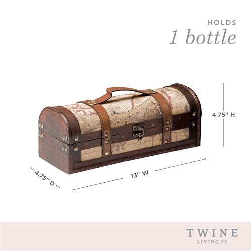 Twine Old World Wine Bottle Gift Box, Wooden Wine Box with Lid and Handle, Wood, Faux Leather, Antique Map Design, Holds 1 Bottle - size: 1 Bottle