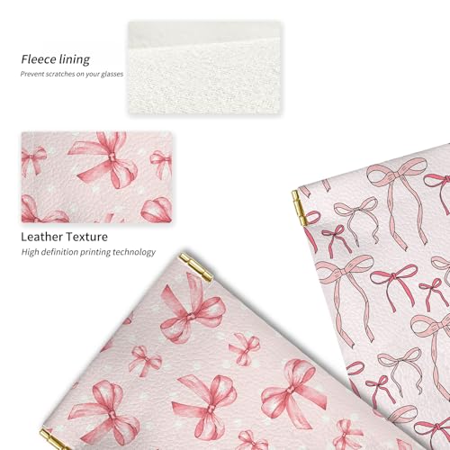Glasses Case Soft, Eyeglass Cases for Women Portable Squeeze Top PU Leather 2 Pack Glasses Pouch with Cleaning Cloth - color: 2pcs Pink Bow