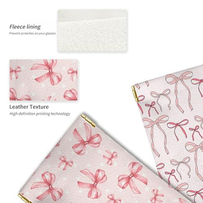 Glasses Case Soft, Eyeglass Cases for Women Portable Squeeze Top PU Leather 2 Pack Glasses Pouch with Cleaning Cloth - color: 2pcs Pink Bow