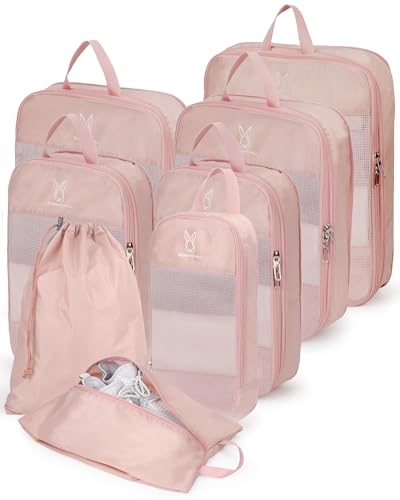 6/8 Sets Compression Packing Cubes for Travel, Bunnychill Portable Zipper Packing Cube for Cloting, Expandable Space Saver Storage Luggage Organizer Bags for Suitcases - color: Pink, size: 8 Pcs(XL,L*2,M*2,S,laundry bag,shoes bag)