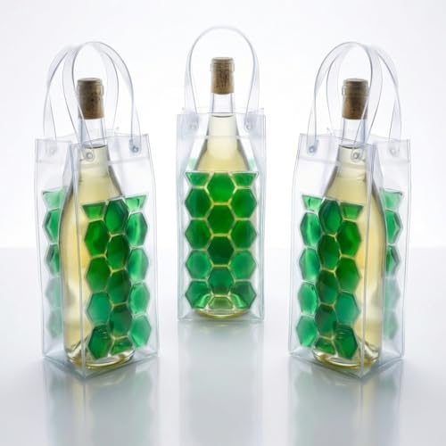 3-Pack Freezable Wine Cooler Bags with Built-in Gel Ice Packs - Portable Hexagon Wine Chiller Sleeve - Reusable Clear Folding Carrier Tote for Champagne, Beer, Picnic & Travel (orange） - color: Green