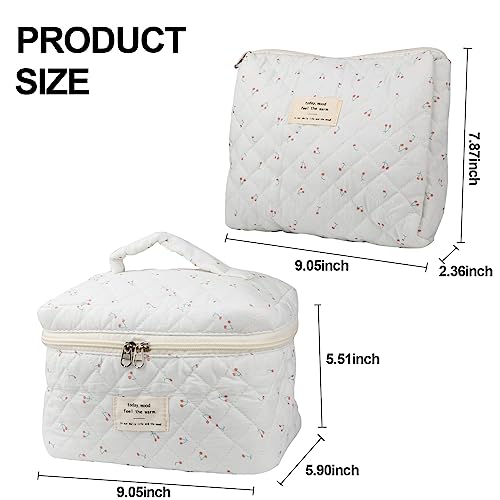 NATINSA Cute Makeup Bag for Women(2 Pcs), Travel Cosmetic Bags, Quilted Coquette Aesthetic Floral Toiletry Organizer Bag (Cherry) - color: Cherry