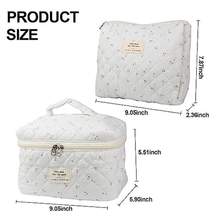 NATINSA Cute Makeup Bag for Women(2 Pcs), Travel Cosmetic Bags, Quilted Coquette Aesthetic Floral Toiletry Organizer Bag (Cherry) - color: Cherry