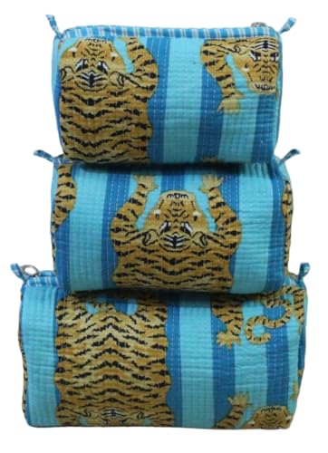 YILLE Set of 3 Pieces Block Printed Travel Organizer Kit Storage Bag for Women Makeup Bag Travel Cosmetic Bag (Turquoise Fat Tiger) - color: Turquoise Fat Tiger
