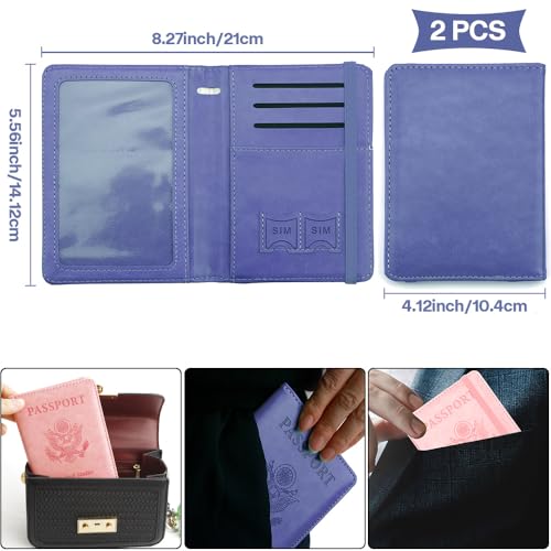 Passport Cover 2 Pack, Waterproof Leather Wallet - Dark Purple and Pink - Men, Women, Family Travel Essentials - color: Dark Purple+Pink