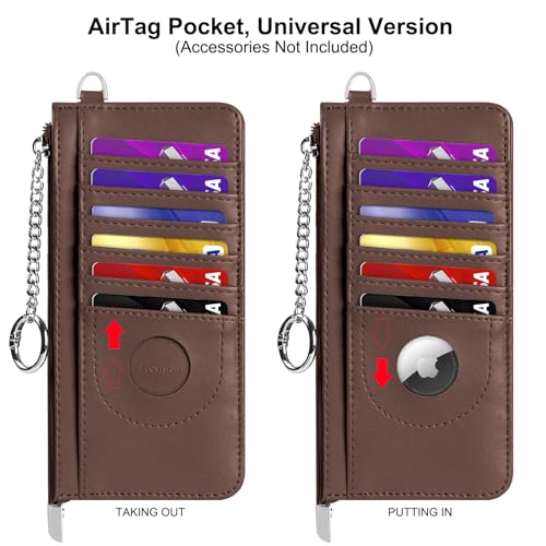RFID Blocking Slim Credit Card Holder Wallet with Zipper Money Pocket & Keychain, Slim Airtag Wallet for Men Women - color: Cowhide Glossy Brown