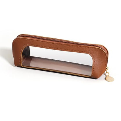 Small Clear Makeup Brush Bag with Zipper, PU Leather Travel Makeup Brush Case, Portable Waterproof Cosmetic Bag （Brown） - color: Brown