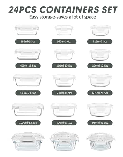 VERONES 12 Packs Glass Food Storage Containers Set, Airtight Glass Lunch Containers, Glass Meal Prep Containers with Lids,Exclusive of BPA, for Microwave, Oven, Freezer & Dishwasher Friendly,White - color: White