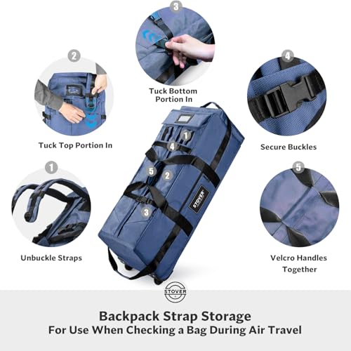 STOVER 45/80/100L Rolling Duffel Bag with Wheels, Large Durable Travel Duffle + Toiletry Bag, Heavy Duty, Packable, Foldable with Shoulder Straps- Use as Luggage or Backpack, Men/Women (Blue) - color: Blue